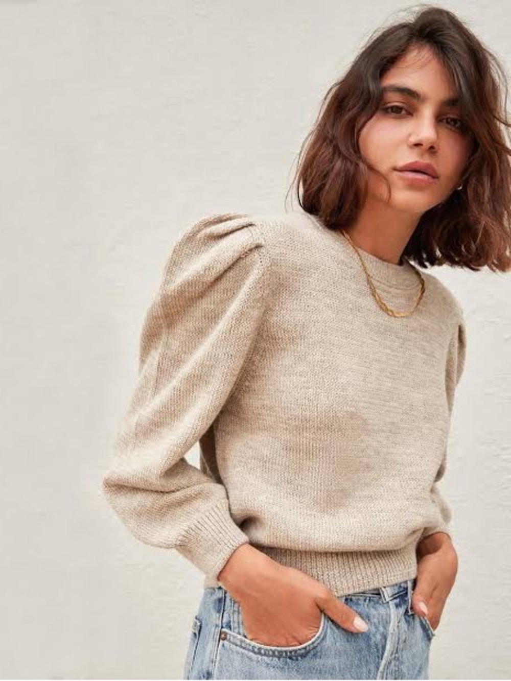 Loeffler Randall Puff-Sleeve Crewneck Sweater - Beige- sz Large